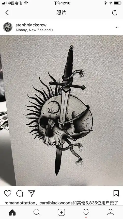 黑灰匕首骷髅纹身手稿