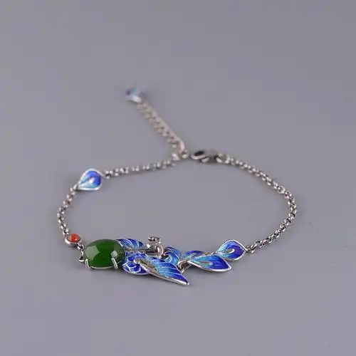 巧匠灵工 s925银手链复古景泰蓝民族国潮风气质女款碧玉凤凰手串