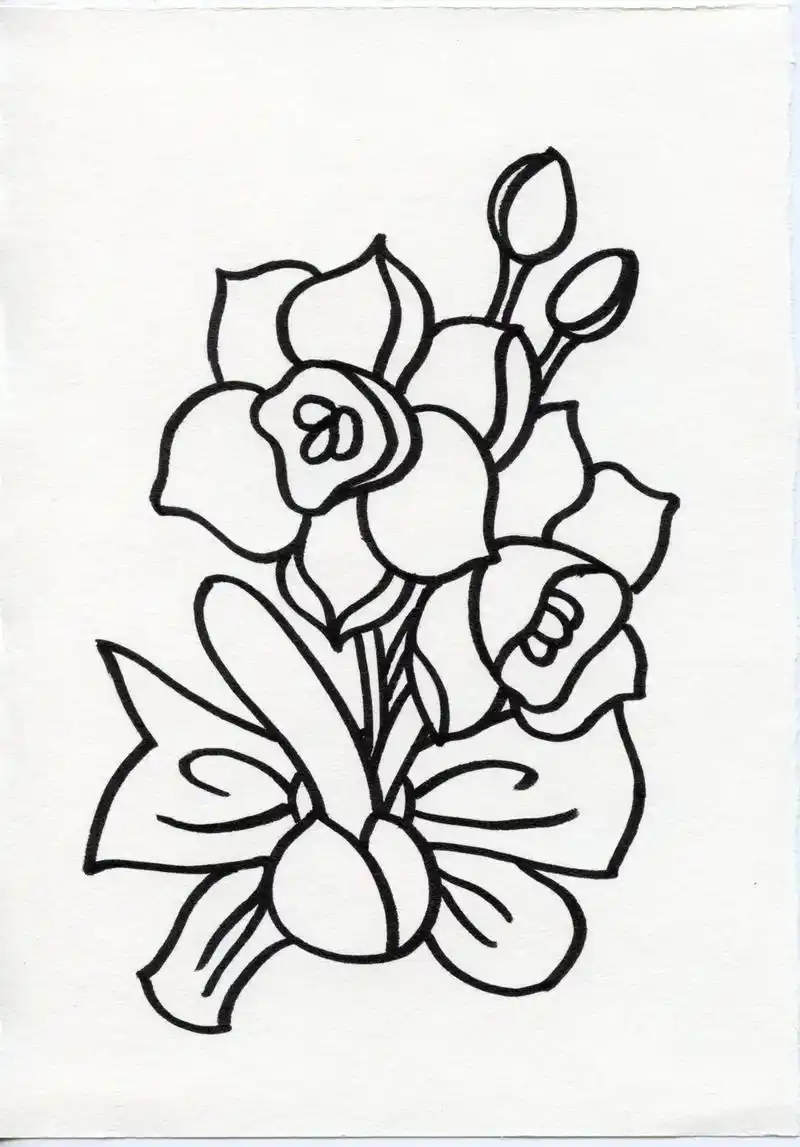 手帐素材水仙蝴蝶结黑白线描插画