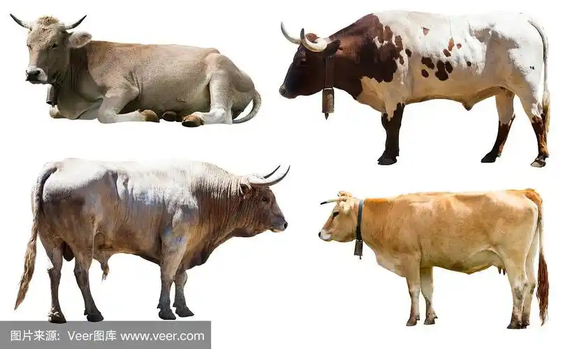 一组公牛和母牛.孤立在白色