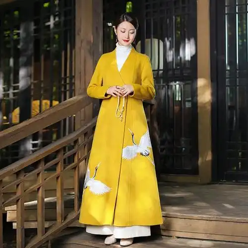 中式冬季女装中国风外披羊毛呢子大衣改良汉服加厚中长款外套