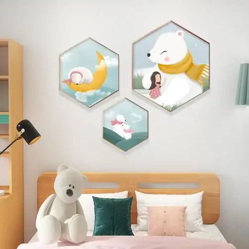君偕儿童房装饰画创意六边形男孩女孩床头挂画可爱公主粉色卧室墙壁画