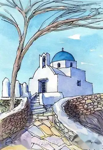 一组简单的冷色系水彩建筑风景画美