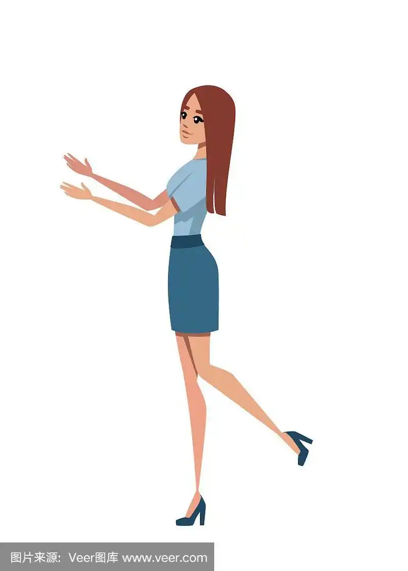 快乐瘦女人在休闲衣服与向上举起的双手指向卡通人物设计平面矢量插图