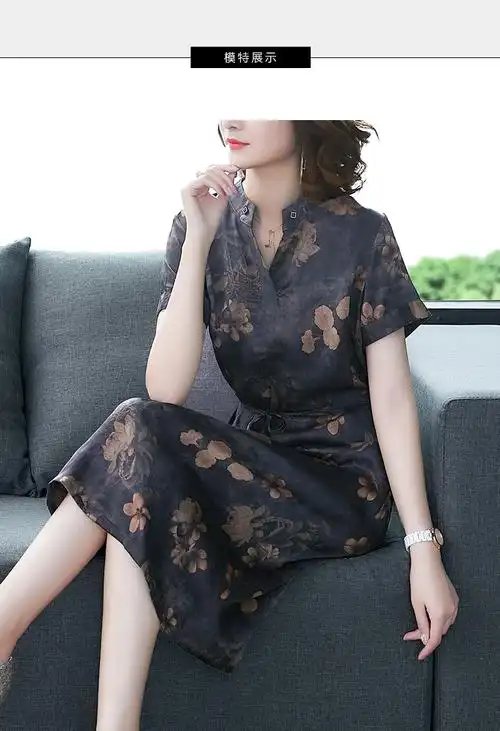 2019新款重磅莨绸香云纱连衣裙中长款气质淑女收腰桑蚕丝真丝裙子