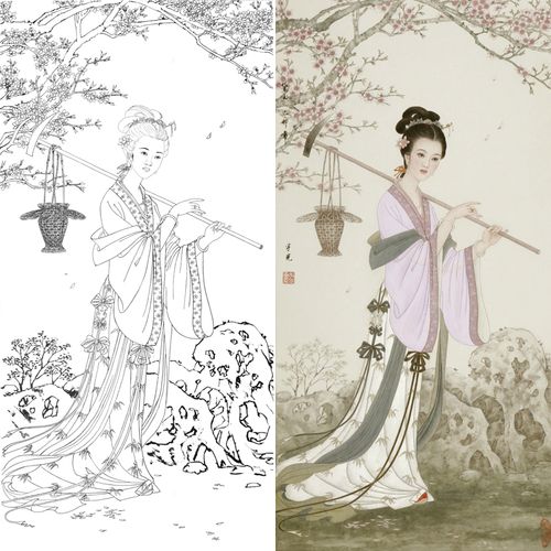 工笔黛玉葬花白描底稿金陵十二钗红楼人物工笔画传统仕女勾线画稿