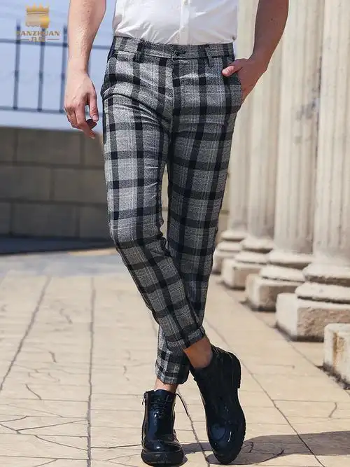 凡转2019年夏季新款格子休闲裤男士 欧美小脚条纹潮流百搭西裤男