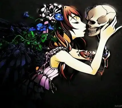 求一张动漫女生的头像最好是手里捧着骷髅头有点诡异的感觉颜色最