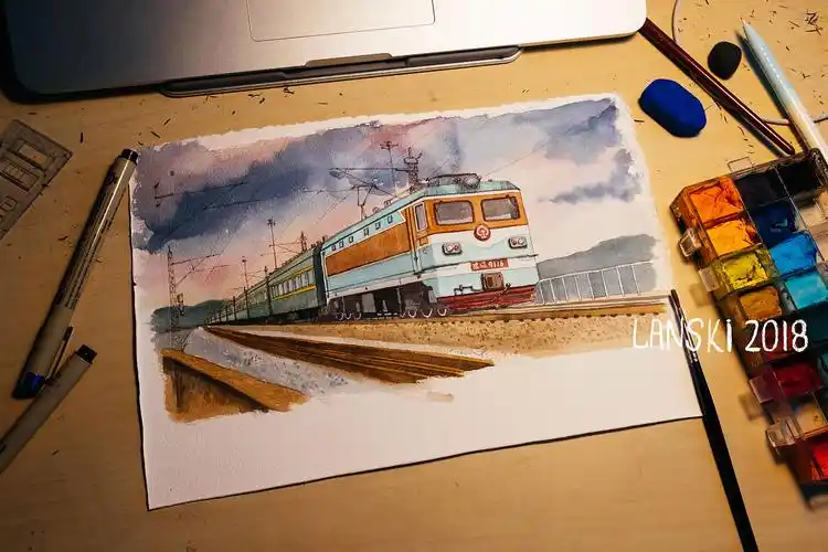绿皮火车水彩