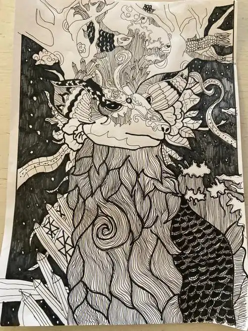 一点点进步啦黑白手绘纯勾线黑水笔绘画