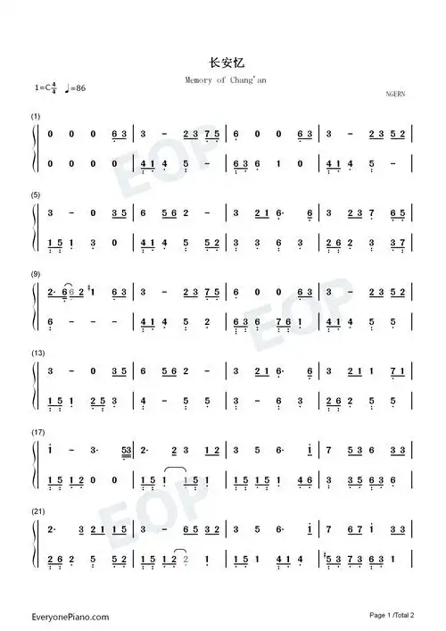 长安忆-c调简单版-かざぐるま-风车双手简谱预览1-钢琴谱文件(五线谱