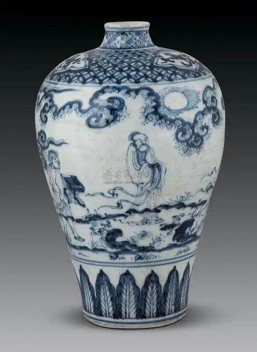 0332明空白期青花携琴访友纹梅瓶