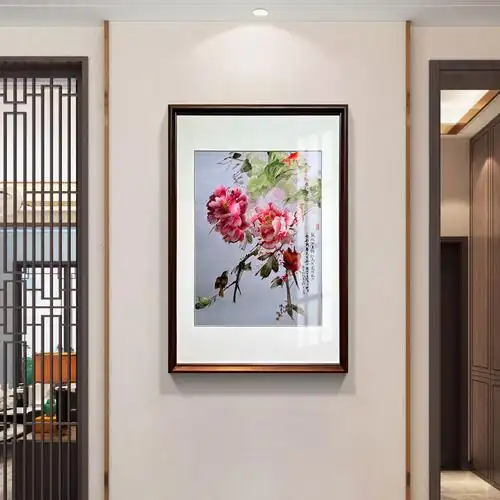 新中式花鸟牡丹手工刺绣装饰画竖幅玄关画客厅挂画风水好一涵汴绣