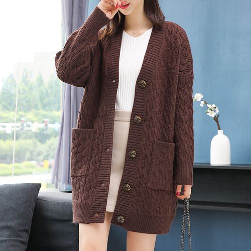 加厚毛衣外套女宽松中长款加肥加大码女装200斤粗线麻花针织开衫