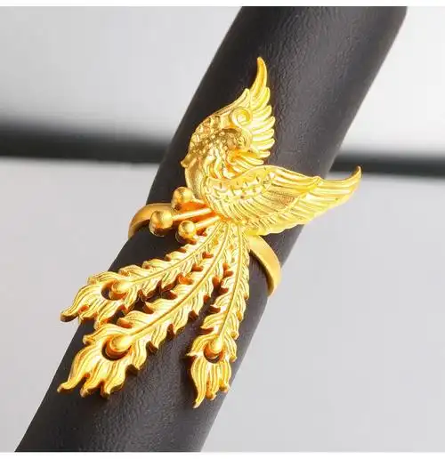 9足金戒指 黄金古法金戒指 凤凰 结婚活口戒指 女款可调节古法戒指