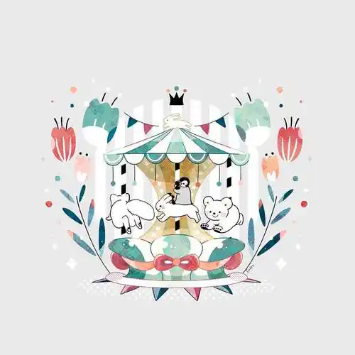 坐在旋转木马上的女孩插画图片