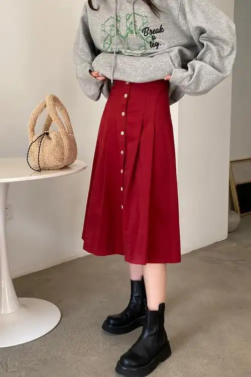 a字牛仔半身裙高腰复古2021秋季新款百褶裙酒红色中长款显白显瘦