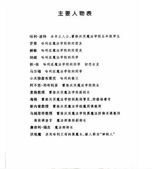 求《哈利波特与凤凰社》小说,书前面的主要人物表!