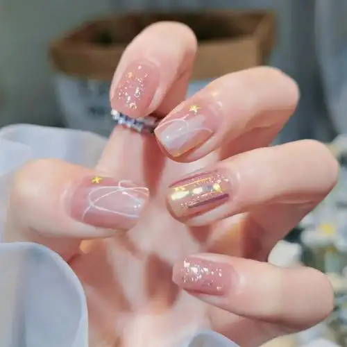 粉透玻璃纸山丘星星纯手工定制光疗美甲假指甲贴片穿戴甲片小红书