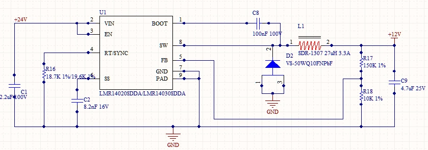 设计为24v转12v,空载时输出电压为12.2v.