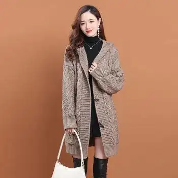 粗线连帽毛衣外套女中长款开衫宽松轻奢加大针织加厚麻花大衣潮咖色s