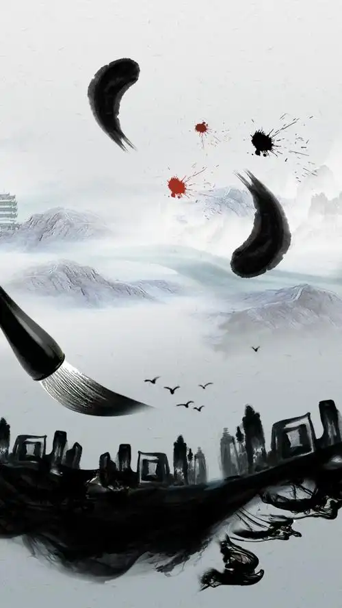 灰色中国风水墨毛笔psd分层h5背景素材