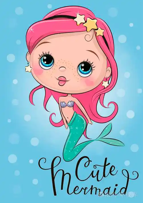 蓝色背景上有粉色头发的可爱卡通美人鱼
