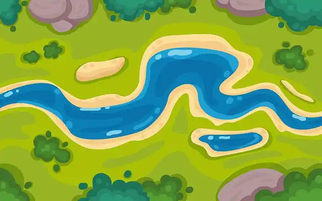 春季山间树林小溪河流绿色草丛蓝色河水石头俯视场景扁平河流插画