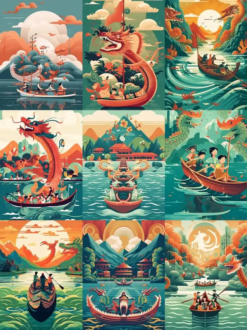 国潮手绘端午节赛龙舟ai插画