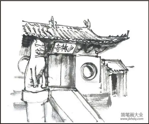 水墨少林寺的绘画步骤_简笔画教案-简笔画大全