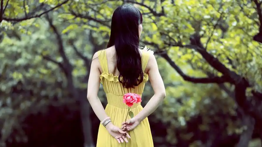 思念在我的脑海里,非主流女生背影,一束玫瑰红,桌面壁纸