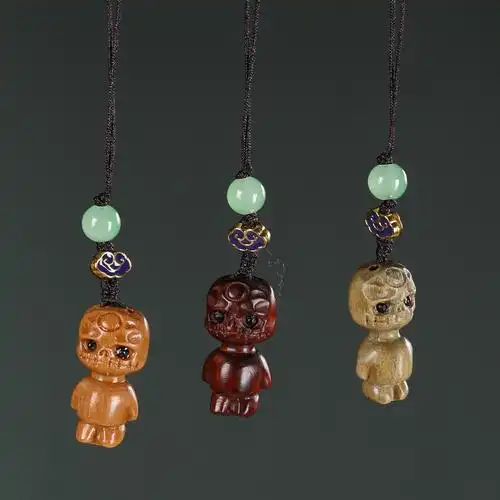 紫檀木雕阿呆小人创意手机链挂饰骷髅头檀香木文玩手把件挂绳吊坠