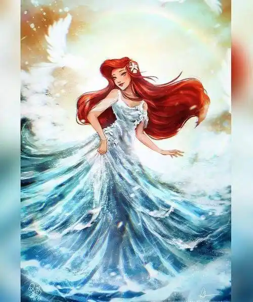 唯美版迪士尼公主,花木兰穿红色古装,爱丽儿以海洋为裙_仙蒂_爱丽儿