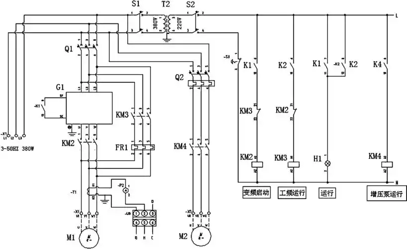 所述控制电路包括变频器,分离机,增压泵,变频启动电路,工频运行电路