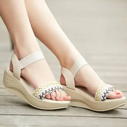 步心娅 新款坡跟鞋平底女休闲中跟厚底松糕鞋摇摇鞋凉鞋女鞋 米色松紧