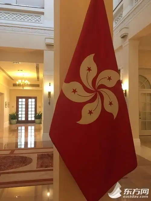 图片说明:香港特区政府礼宾府内悬挂的特区区旗