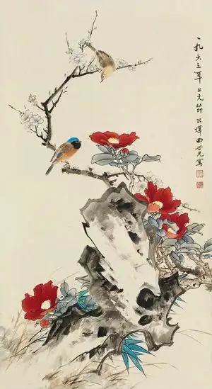 仿古画名画复制品田世光白梅山茶花中国画花鸟画名人字画装饰画