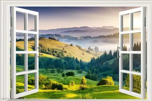 3d窗户高山绿草美景图片