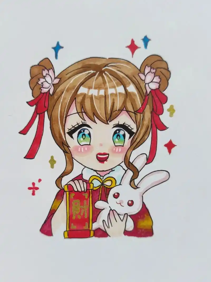 兔年快乐,马克笔色号在最后哦.#q版动漫人物画 #兔年简笔画 - 抖音