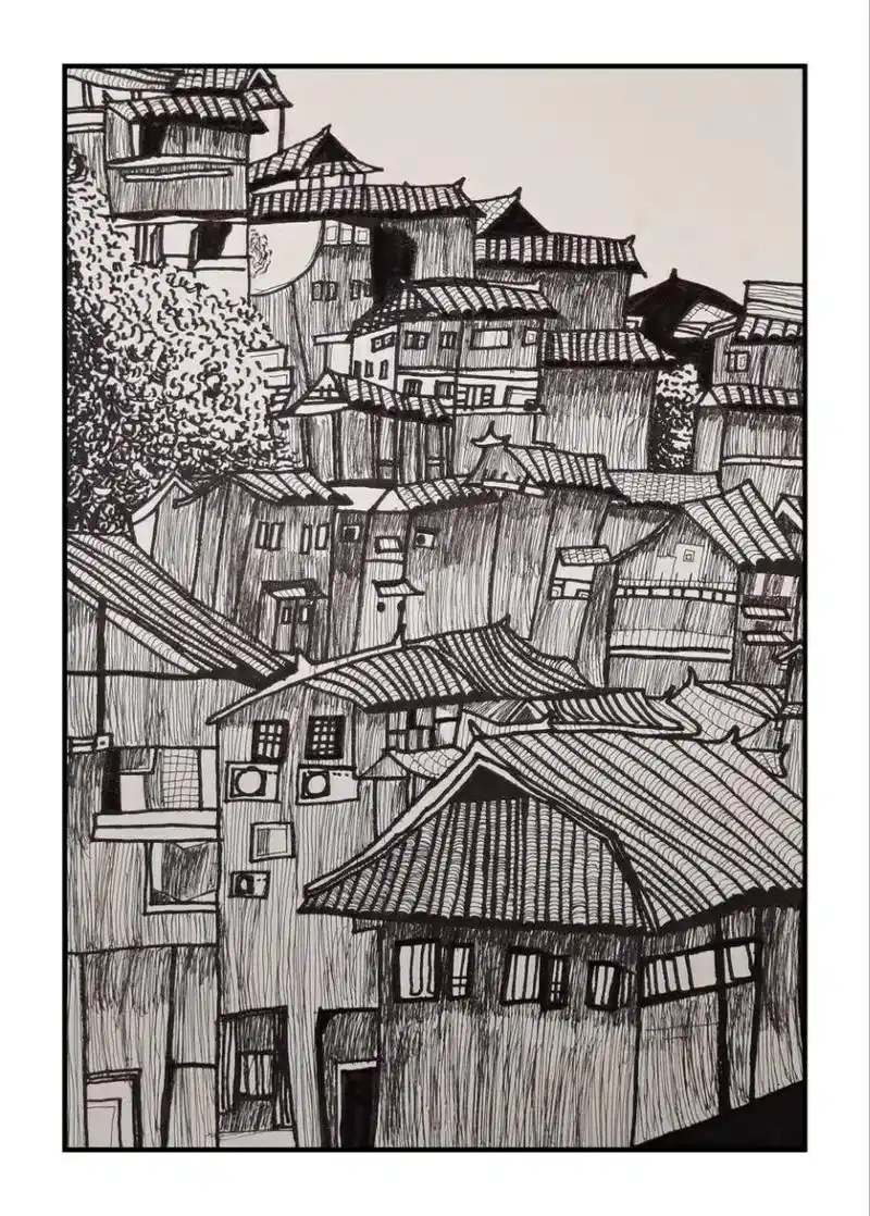 一起学画画 二三年级作品:《苗寨千户》线描创作 - 抖音