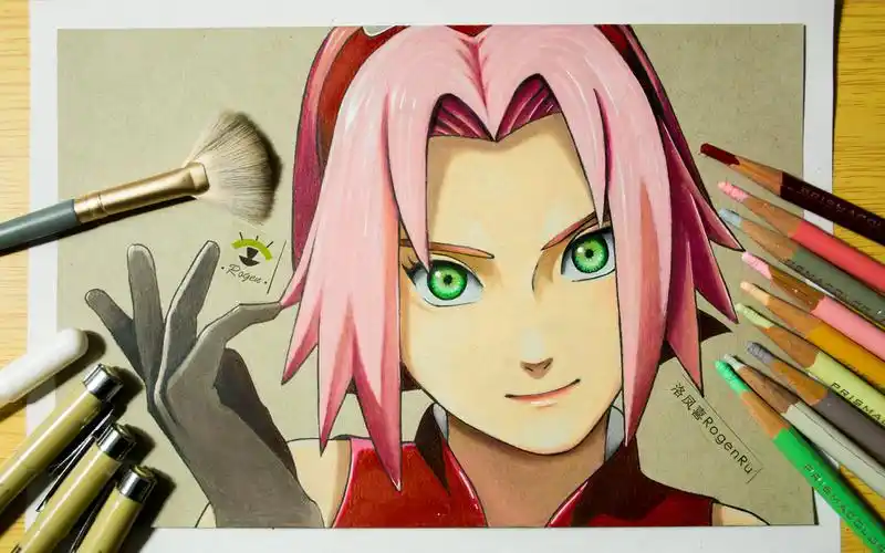 油性彩铅手绘二次元动漫人物:火影忍者·春野樱