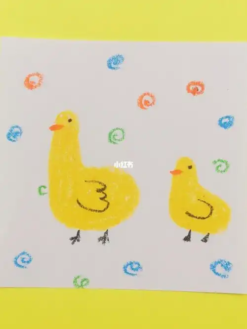 油画棒画鸭妈妈和小鸭子可爱涂鸦画