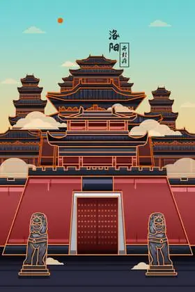 剪影背景墙洛阳旅游古建筑中式洛阳手绘蝴蝶玄关背景图洛阳旅游单洛