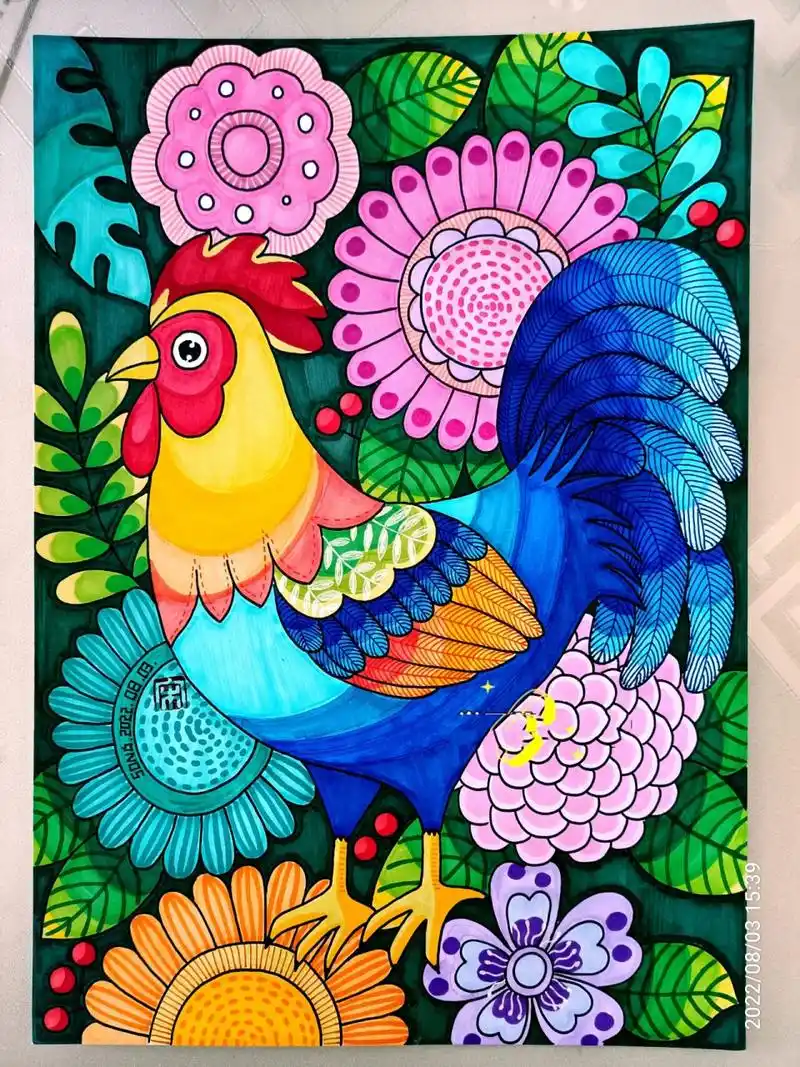 马克笔画-85 彩色大公鸡 原创马克笔画儿童画 彩色大公鸡