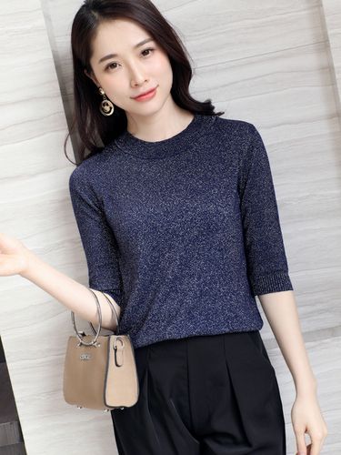 冰丝中袖女上衣2022秋季新款圆领金线针织衫女薄款半袖亮丝打底衫