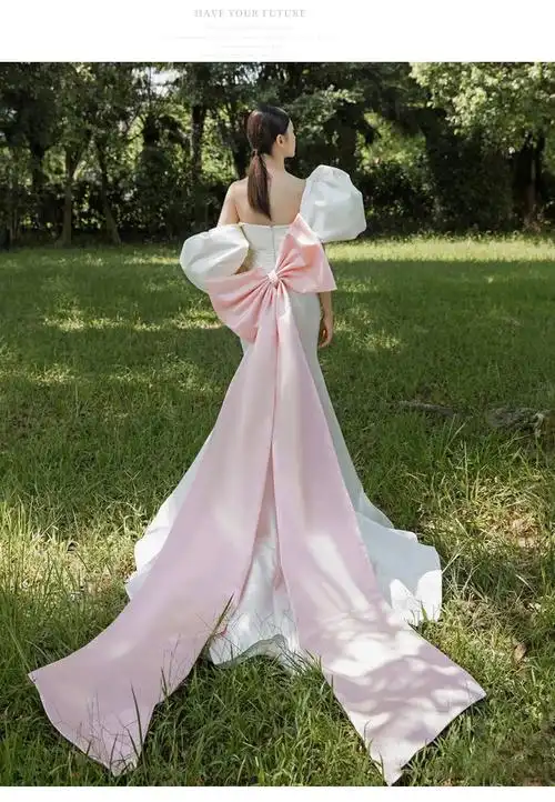 明星高定婚纱鱼尾一字肩大蝴蝶结礼服女迎宾纱法式简约缎面轻婚纱