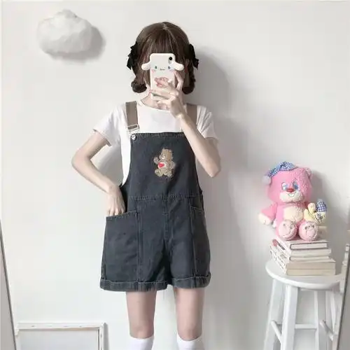 mrkmaiw背带裤女夏季可爱小熊刺绣牛仔背带裤女短裤夏季2022年新款