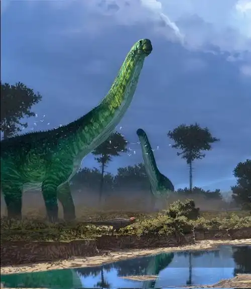 水塘边两只阿根廷龙(argentinosaurus)遇见了一只蝎猎龙(skorpio