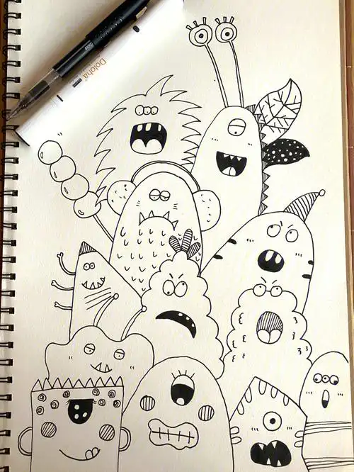 又是一波可可爱爱的小怪兽黑白简笔画