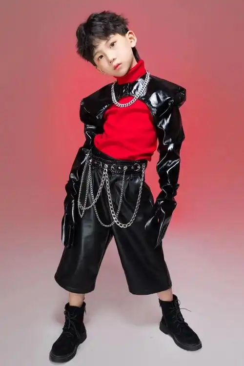 男童走秀潮服元宇宙科技感皮衣t台演出服潮酷团体潮服机车摇滚风
